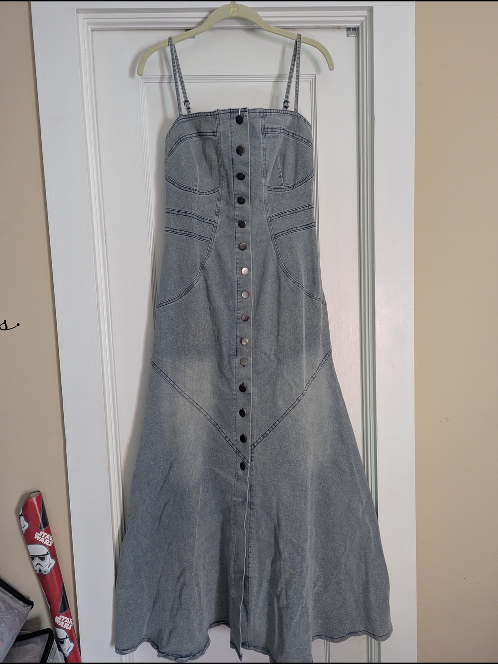 Button-Front Light Wash Denim Maxi Dress